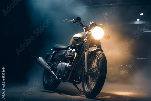 Biker motorcycle night street with light turn on. Motor bike modern extreme action. Generate Ai