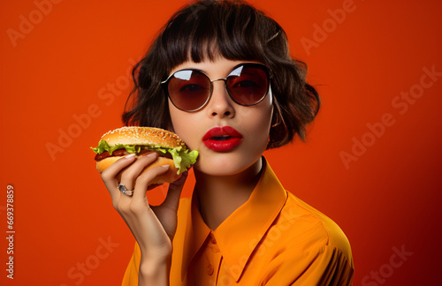 beautiful girl eating a hamburger