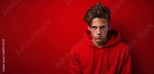 Stressed angry teenage boy on drammatic isolated studio red background. Depression, loneliness, family school problems, communication difficulties, emotions in adolescence. Copy paste place for text
