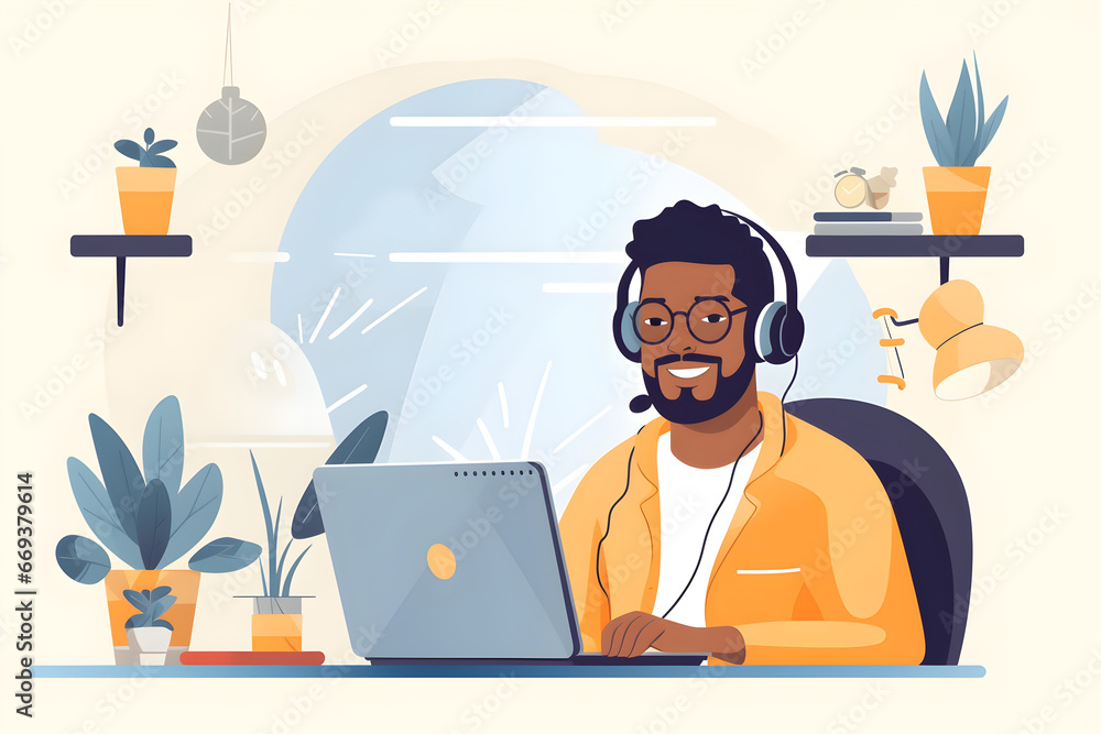 illustration of African American mixed race adult student wearing headphones having virtual meeting online call with teacher, educational webinar chatting at home office. Video e learning conference illustration of African American mixed race adult student wearing headphones having virtual meeting online call with teacher, educational webinar chatting at home office. Video e learning conference