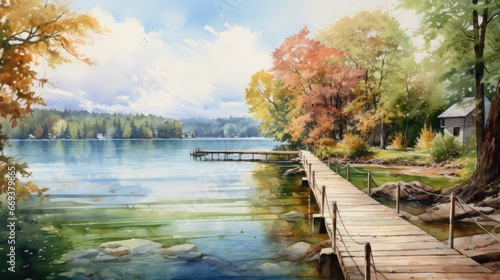 A peaceful watercolor of a lakeside with a dock and trees. AI Generative