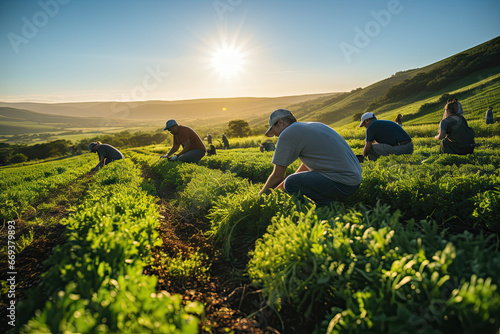 some people working in a field with the sun shining over the hills behind them, as they work on their crops photo