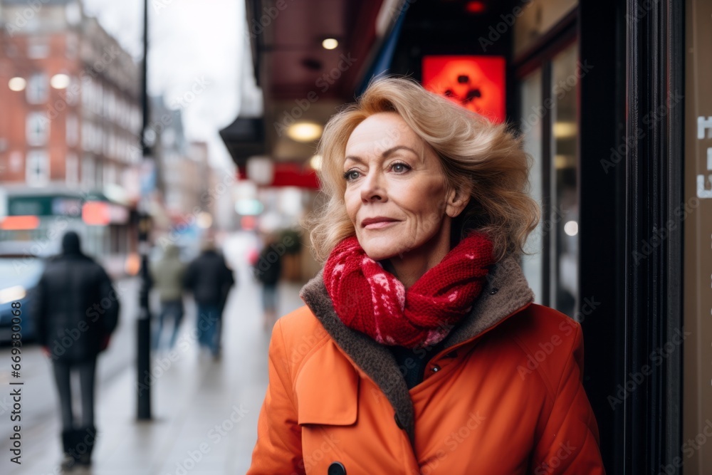 Mature woman in orange coat and red scarf on the street. Mature woman in orange coat and red scarf on the street.