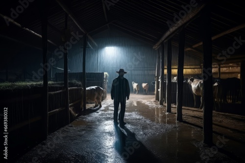 Cowshed night farmer. Animal dairy farmer bovine farming. Generate Ai