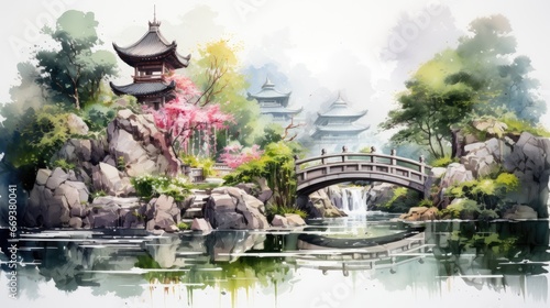 A peaceful watercolor of a zen garden with a small bridge and rocks. AI Generative