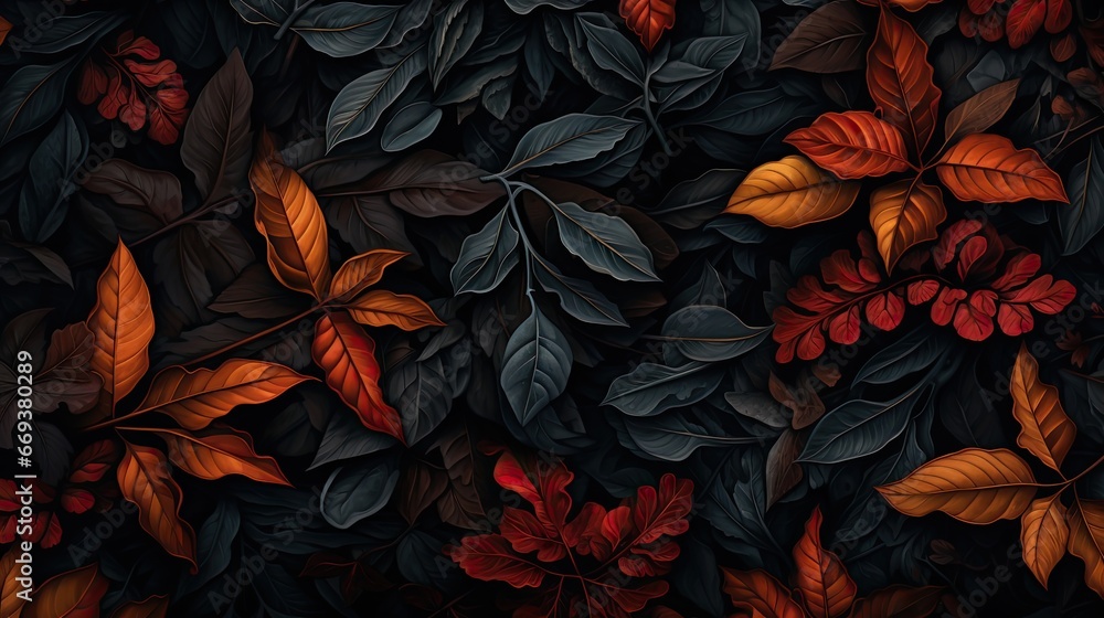 A dark background with many leaves in the foreground A dark background with many leaves in the foreground