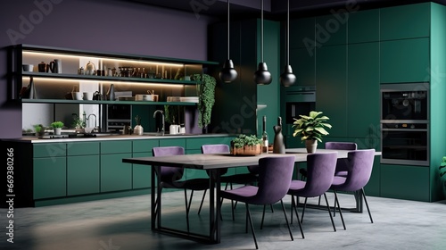 Violet and dark green kitchen. Minimalism.