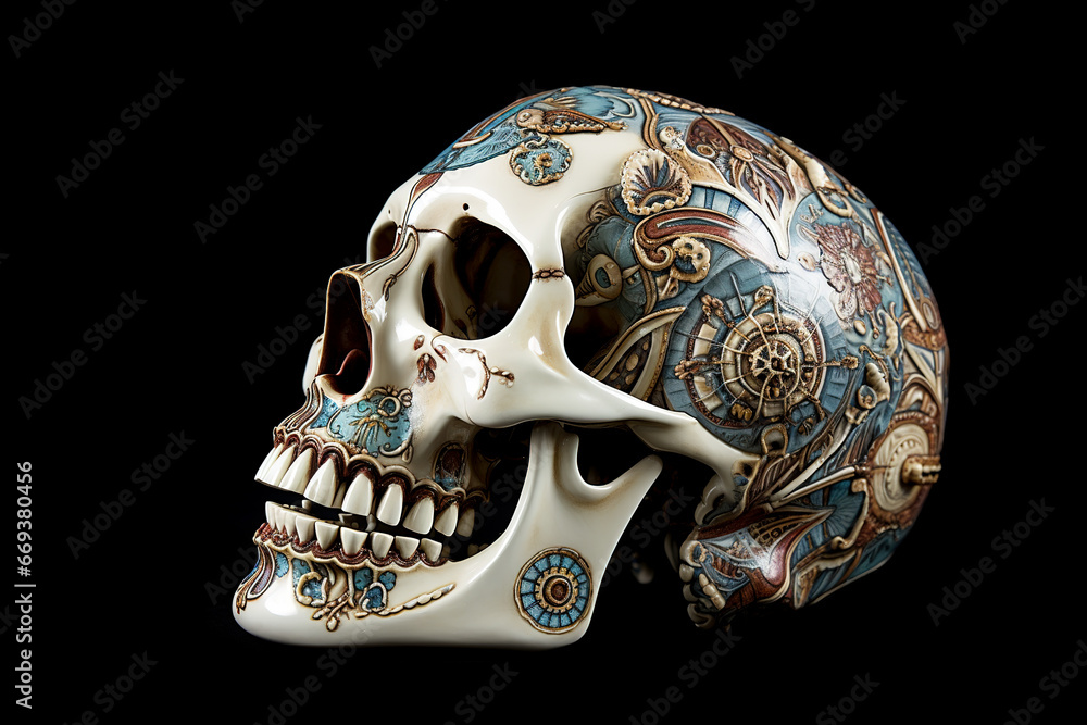 Image of a human skull with pattern on a black background. Image of a human skull with pattern on a black background.