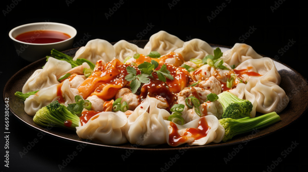 A plate of freshly-made dumplings, filled with a variety of vegetables and served with a side of sweet and sour sauce A plate of freshly-made dumplings, filled with a variety of vegetables and served with a side of sweet and sour sauce
