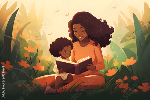 illustration of happy black Preschool age girl sitting with his mom reading a story book, cute simple cartoon style photo