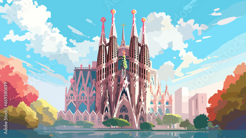 Flat 2D illustration, copy space, flat 2D vector illustration, hand drawn, view of The Sagrada familia, Spain. Famous touristic spot. Must-see spot. Beautiful architecture.