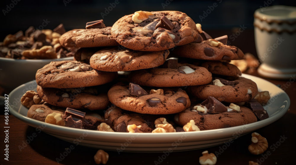 A plate of freshly-baked cookies, filled with chunks of chocolate and a sprinkle of walnuts A plate of freshly-baked cookies, filled with chunks of chocolate and a sprinkle of walnuts