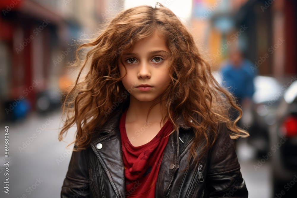 Portrait of a sad little girl with long curly hair on the street