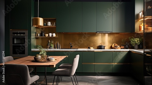Gold and dark green kitchen. Minimalism.