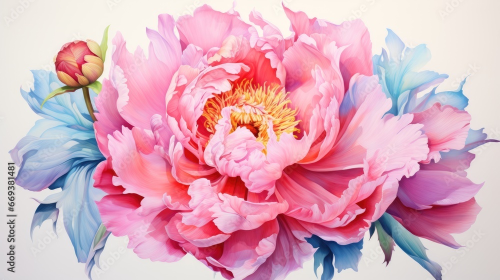 A stunning watercolor of a peony flower with a light green background. AI Generative