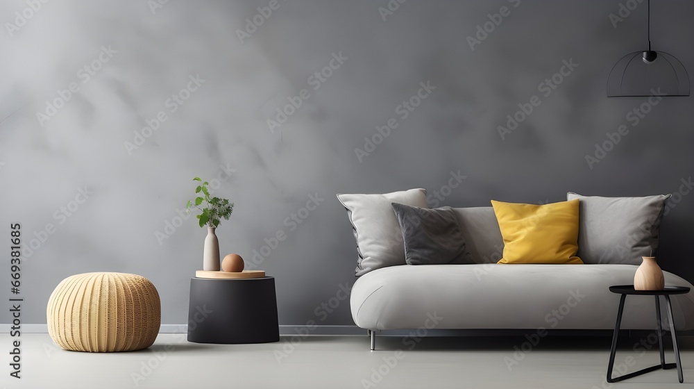 a couch on a grey wall with yellow pillows, in the style of zen minimalism, textured shading, simplicity, monochromatic color palettes, rich, painterly surfaces, polished concrete a couch on a grey wall with yellow pillows, in the style of zen minimalism, textured shading, simplicity, monochromatic color palettes, rich, painterly surfaces, polished concrete