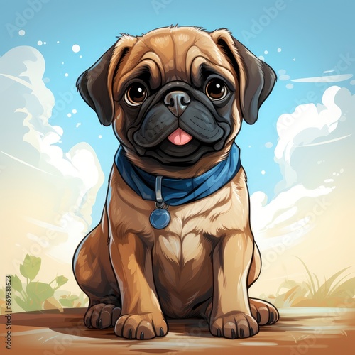 Cute Pug Dog Sitting Blue, Cartoon Illustration For Tshirt, Mug