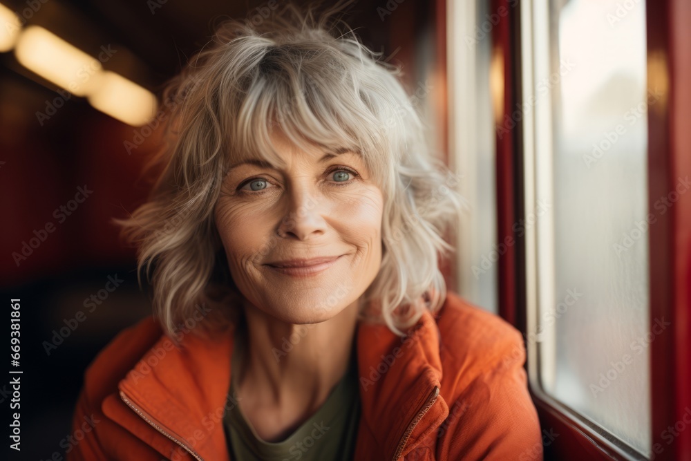 Portrait of senior woman looking at camera while standing near window in train Portrait of senior woman looking at camera while standing near window in train