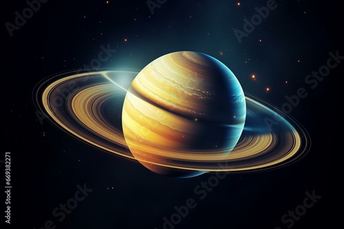 3D rendering: gas giant orbiting in outer space. Saturn with its distinctive rings in close-up. Generative AI