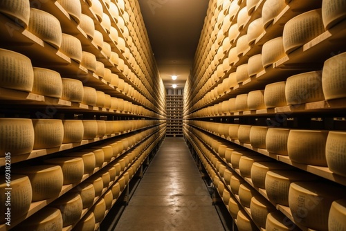 Various parmigiano reggiano varieties in large cheese storage. Cheese factory in Switzerland. Generative AI