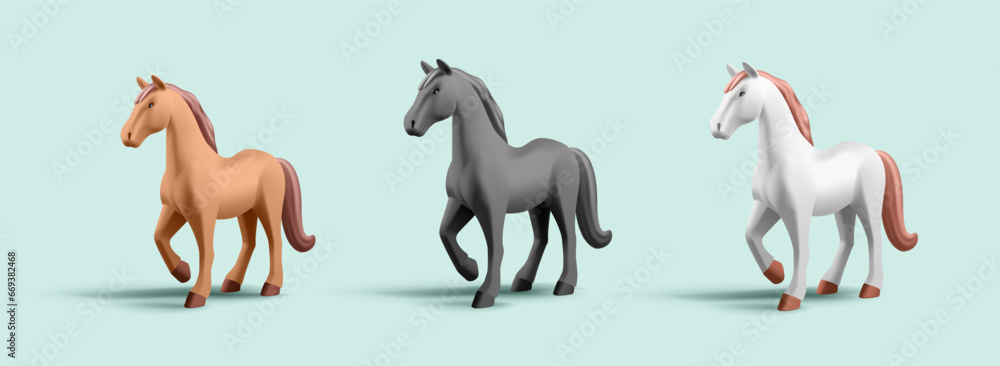 3d render illustration of horse of different breed and colour, collection