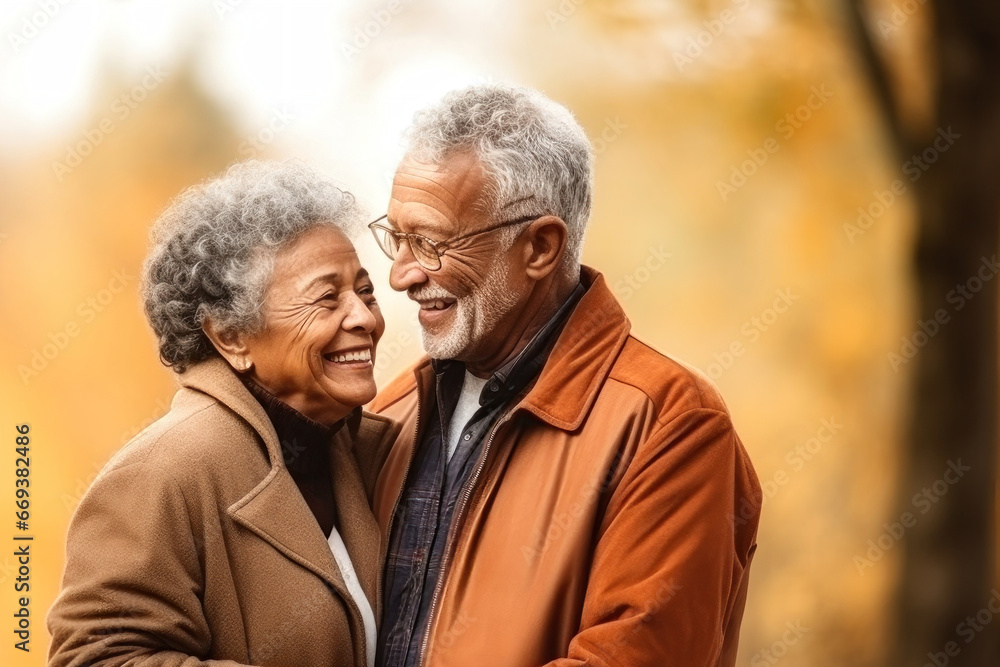 An elderly dark-skinned couple, a man and a woman, hugging in an autumn park. They look at each other with a loving gaze. Seniors dating. Relationships in old age. Love and romance.