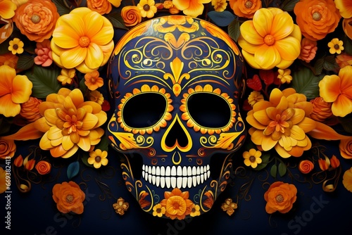 Hispanic heritage skull marigold festive Day of the Dead background. Generative AI © Mia