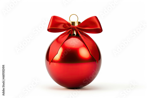 close up red ball christmas ornament decorated with red ribbon isolated on white background