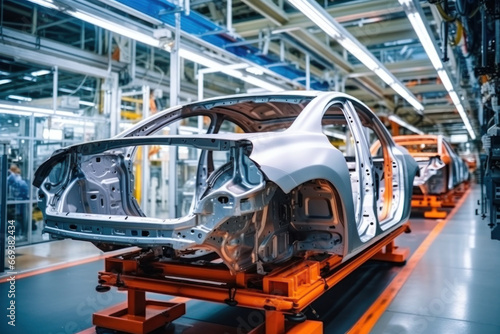 Car production line. Assembling a car on a conveyor belt. Close-up of a car body. Automotive industry Interior of a high-tech factory, modern production. © Anoo
