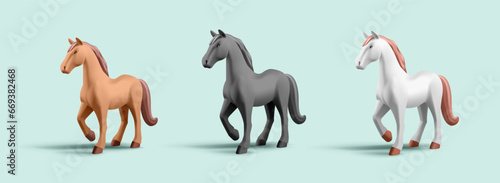 3d render illustration of horse of different breed and colour, collection