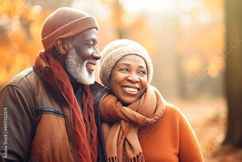 An elderly dark-skinned couple, a man and a woman, hugging in an autumn park. They look at each other with a loving gaze. Seniors dating. Relationships in old age. Love and romance.