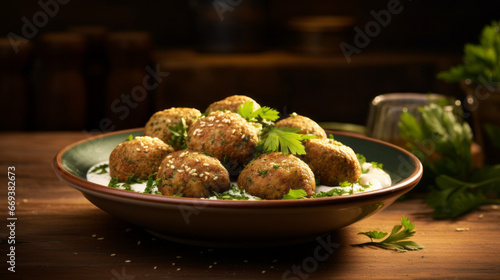 A plate of freshly-made falafel, served with a side of tahini sauce and a sprinkle of freshly chopped parsley