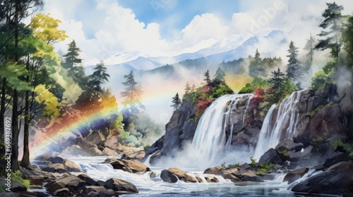 A watercolor of a roaring waterfall with a rainbow in the mist. AI Generative © Horsi