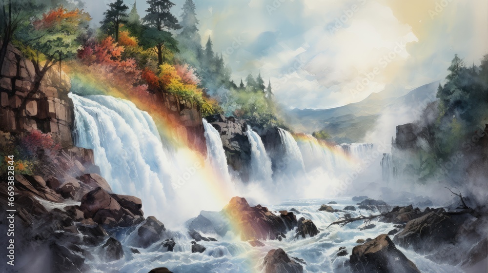 A watercolor of a roaring waterfall with a rainbow in the mist. AI Generative