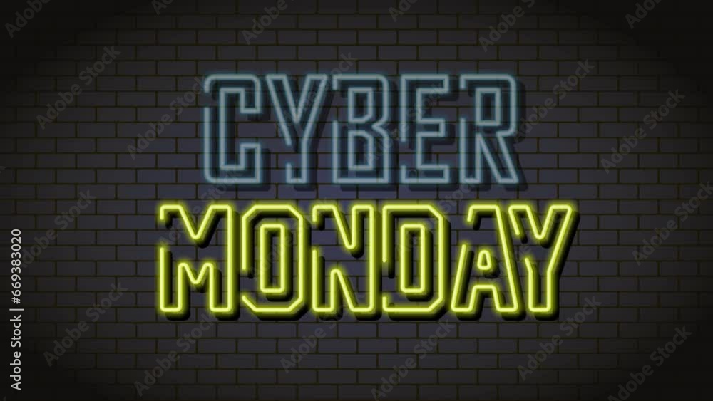 CYBER MONDAY banner. Neon text on brick wall background. Vector animation CYBER MONDAY banner. Neon text on brick wall background. Vector animation