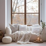 a sofa with white blankets and a window, in the style of warm color palette, serene atmospheres, uhd image, monochromatic palettes, minimalism tendencies, muted whimsy, contemporary