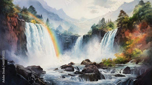 A watercolor of a roaring waterfall with a rainbow in the mist. AI Generative © Horsi