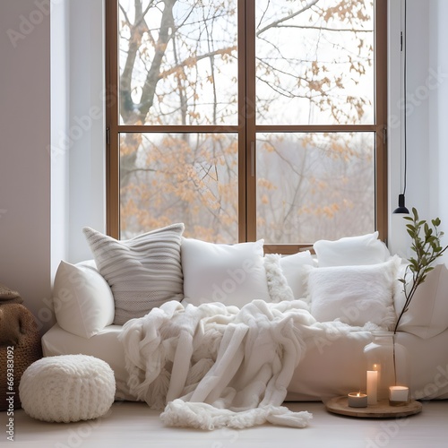 a sofa with white blankets and a window, in the style of warm color palette, serene atmospheres, uhd image, monochromatic palettes, minimalism tendencies, muted whimsy, contemporary © Muzikitooo