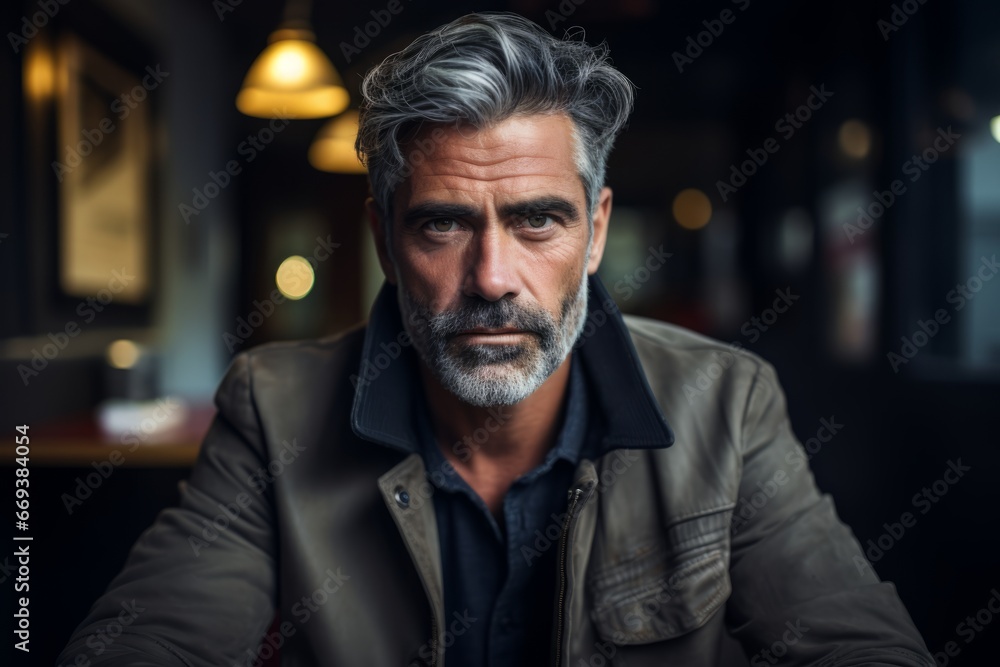 Portrait of a handsome mature man with gray hair and beard in a cafe. Portrait of a handsome mature man with gray hair and beard in a cafe.
