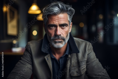 Portrait of a handsome mature man with gray hair and beard in a cafe.