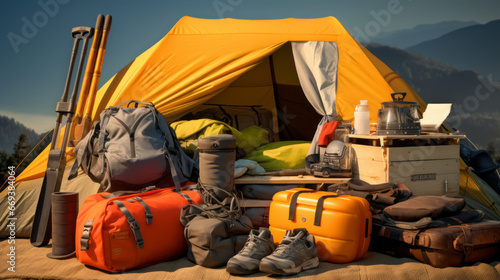 A pile of camping equipment, with a tent and sleeping bag nearby photo