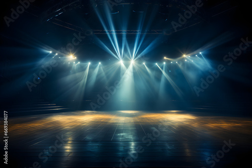 An empty stage club with blue and yellow bright stage lights and lights beams through a smoky atmosphere background photo