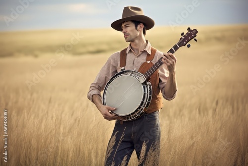 Handsome country singer cowboy hat in wheat field. Adul singing happy vocalist. Generate ai