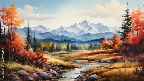 A watercolor painting of a mountain range in the distance with a foreground of trees in fall colors. AI Generative © Horsi