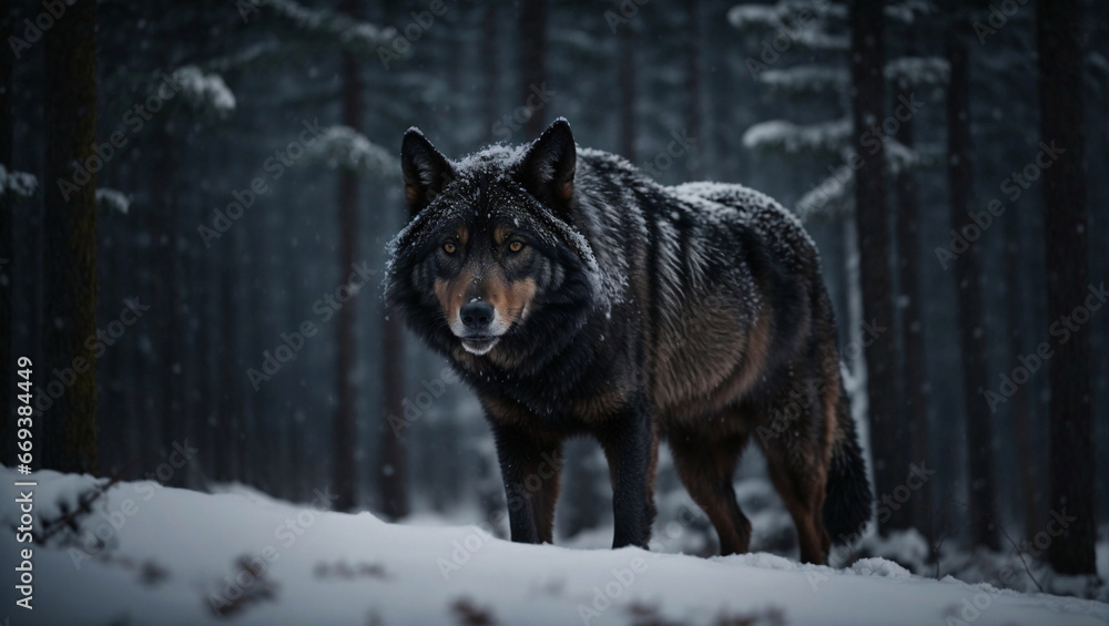 Timberwolf nero in una foresta di notte in inverno durante una nevicata Timberwolf nero in una foresta di notte in inverno durante una nevicata