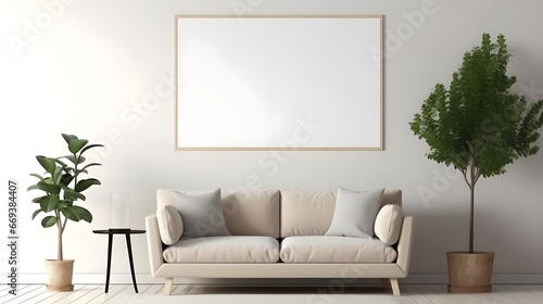 a minimalist living room with a blank frame and a plant near the sofa  in the style of light gray and light beige  large canvas sizes  minimalist backgrounds  japanese minimalism  anti-clutter