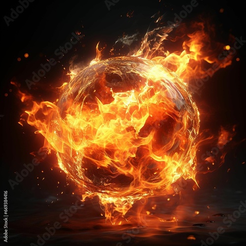 An AI illustration of a sphere of fire on a black background stock photo  royalty  model  image