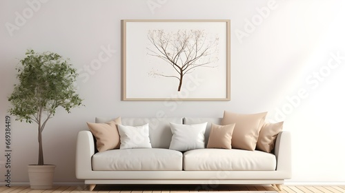 a minimalist living room with a blank frame and a plant near the sofa, in the style of light gray and light beige, large canvas sizes, minimalist backgrounds, japanese minimalism, anti-clutter © Muzikitooo