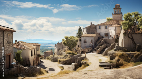 A picturesque village sits atop a hill, its whitewashed homes and cobbled streets making a beautiful vista
