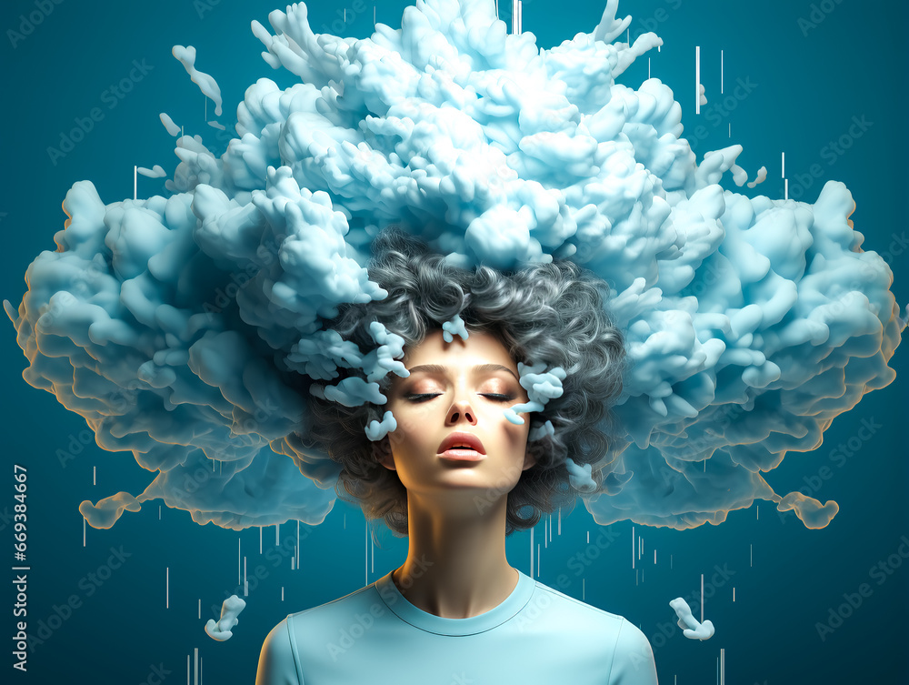 Portrait of sleeping young beautiful woman with hair in clouds.